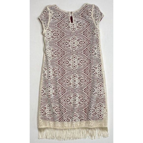 Girls Zunie Dress Ivory Lace over Burgundy‎ Lining Finge Hem Sz 12 - Picture 3 of 7